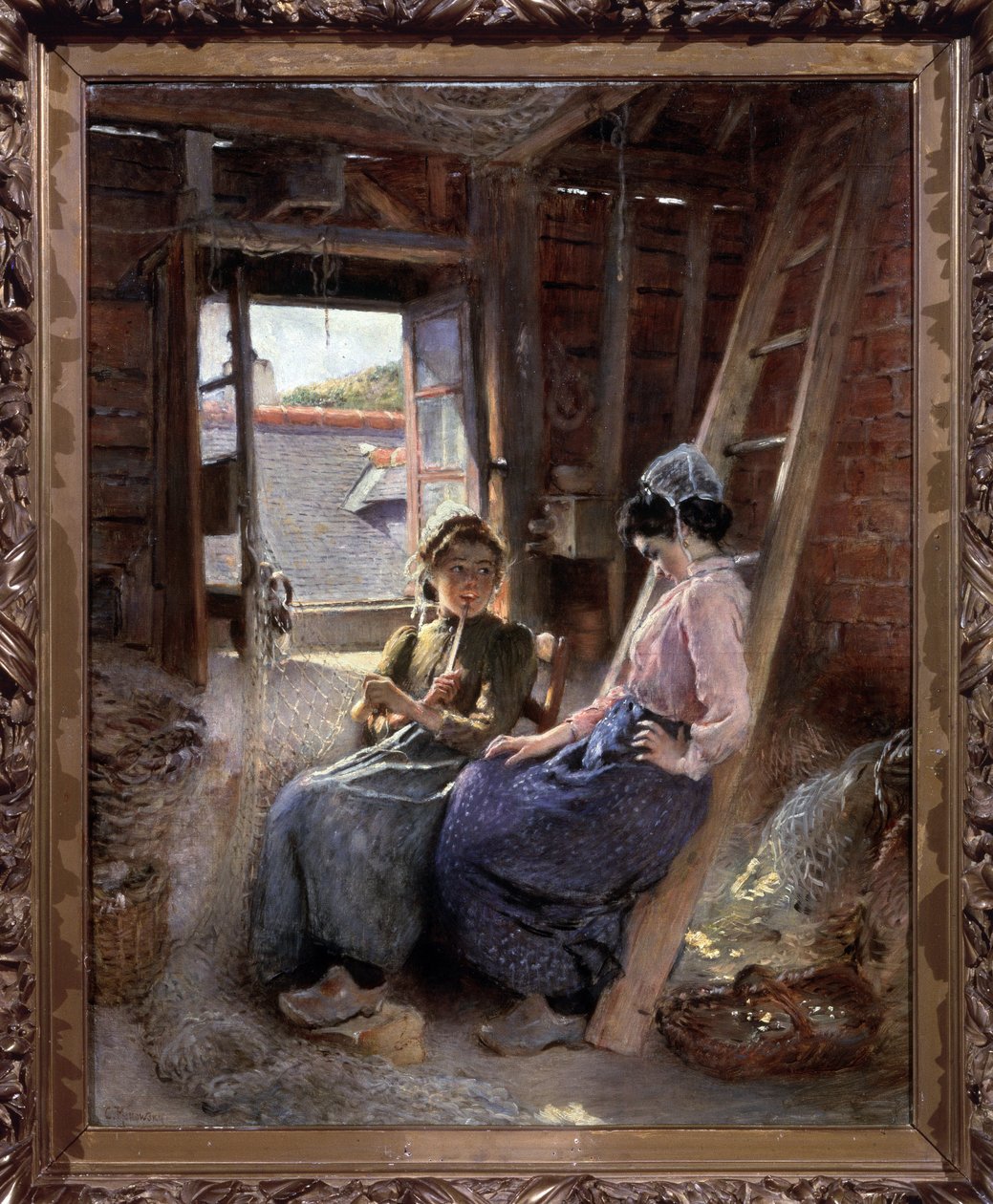 To bretonere (to bretonere). Fiskerkoner, i traditionel påklædning, slapper af og sludrer på et loft, hvor fiskenet og kurve opbevares, vinduet på vid gab lukker en solstråle ind. Maleri af Konstantin Y af Konstantin Egorovich Makovsky
