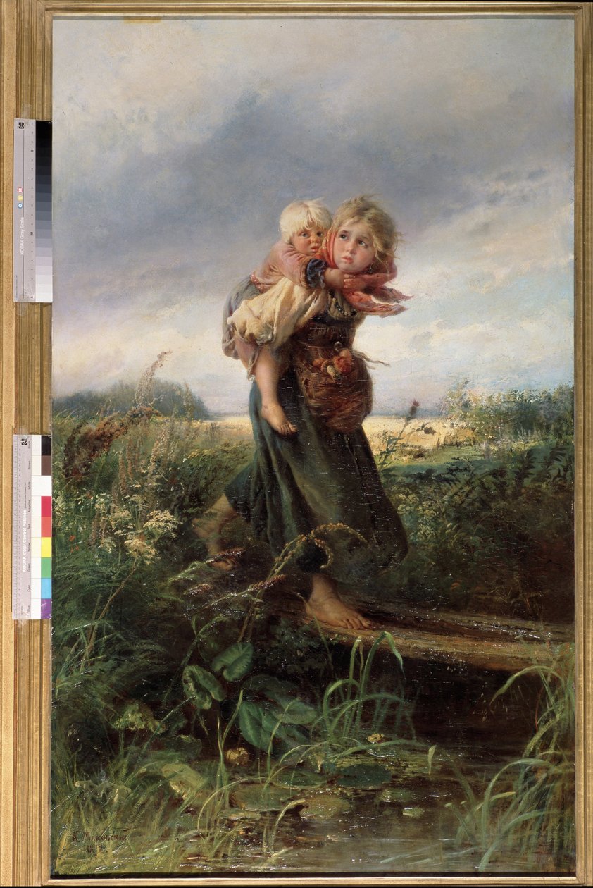 Børn løber væk fra tordenvejr. Maleri af Konstantin Yegorovich Makovsky (Constantin Makovsky) (1839-1915), olie på lærred af Konstantin Egorovich Makovsky