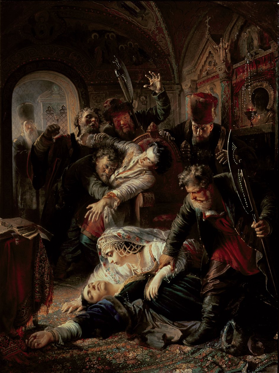 Ansatte lejemordere, der dræber zar Boris Fyodorevich Godunovs søn af Konstantin Egorovich Makovsky
