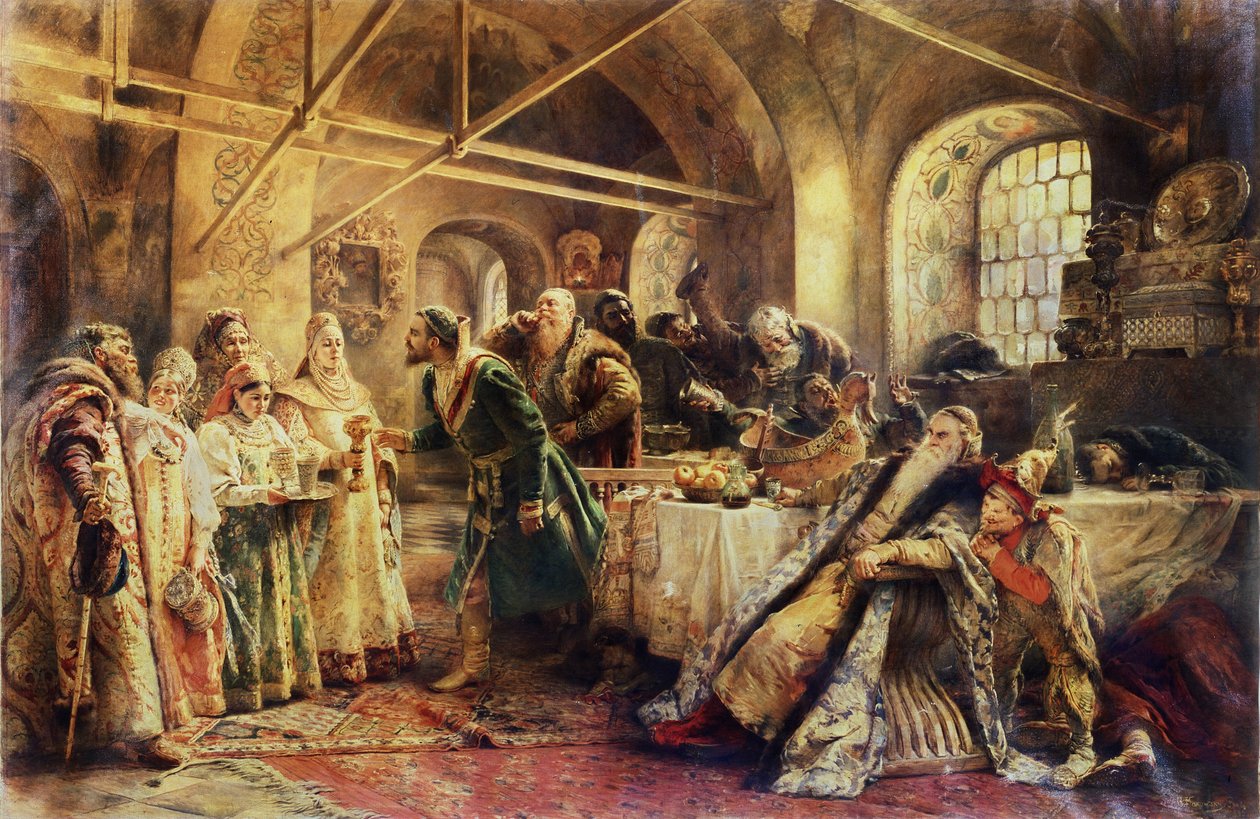 Kysceremonien - På tidspunktet for domostroyen, i storhertugdømmet Moskva, vælger en Boyar (boiard, boiar) sin fremtidige kone, kandidaterne er klædt i sarafankjolen og den traditionelle hovedbeklædning, kokochnik - Maleri af af Konstantin Egorovich Makovsky