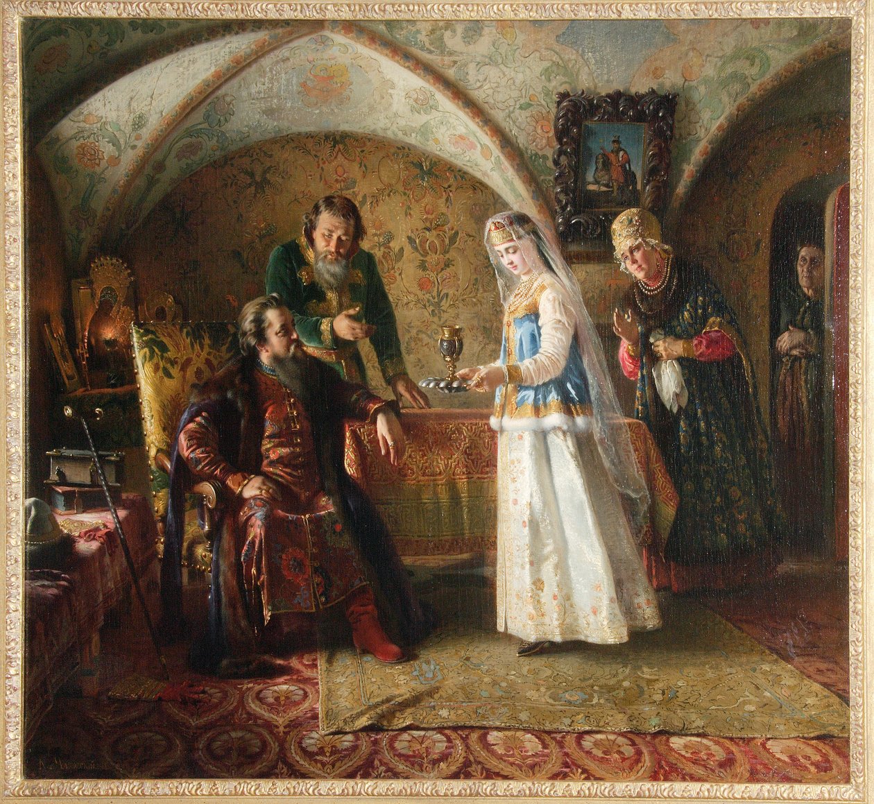 Dagliglivet i en russisk Boyar (boiard, boiar) i det 17. århundrede. (Fra Den russiske Boyars hverdag i det 17. århundrede). I en domostroy af storhertugdømmet Moskva præsenteres en ung kvinde iført brudekjole for sin mand. Hun af Konstantin Egorovich Makovsky