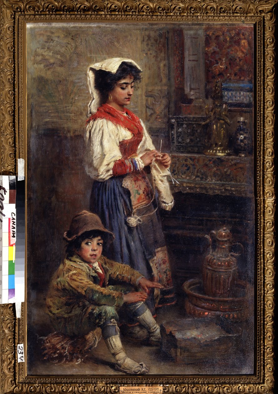 Modellerne venter på kunstneren. Maleri af Konstantin Yegorovich Makovsky (Constantin Makovsky) (1839-1915), olie på lærred af Konstantin Egorovich Makovsky