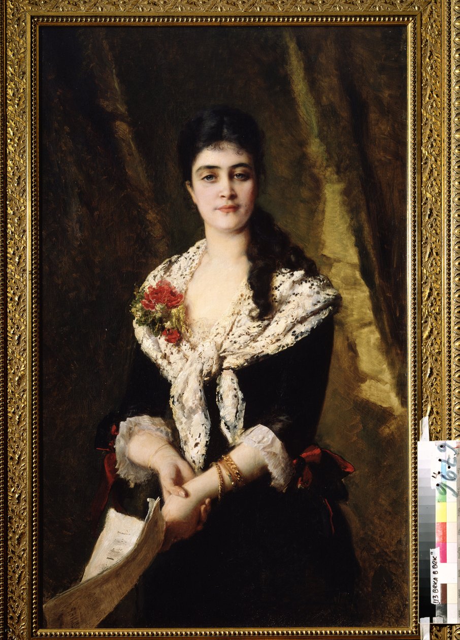 Portræt af sangeren A. Panaeva Kartseva, for rollen som Tatyana i operaen Eugene Oneguine af Piotr Tchaikovsky. (Portræt af sangeren A. Panaeva Kartseva som Tatyana i operaen Eugene Onegin af P. Tchaikovsky). Maleri af Konstantin Yegorovic af Konstantin Egorovich Makovsky