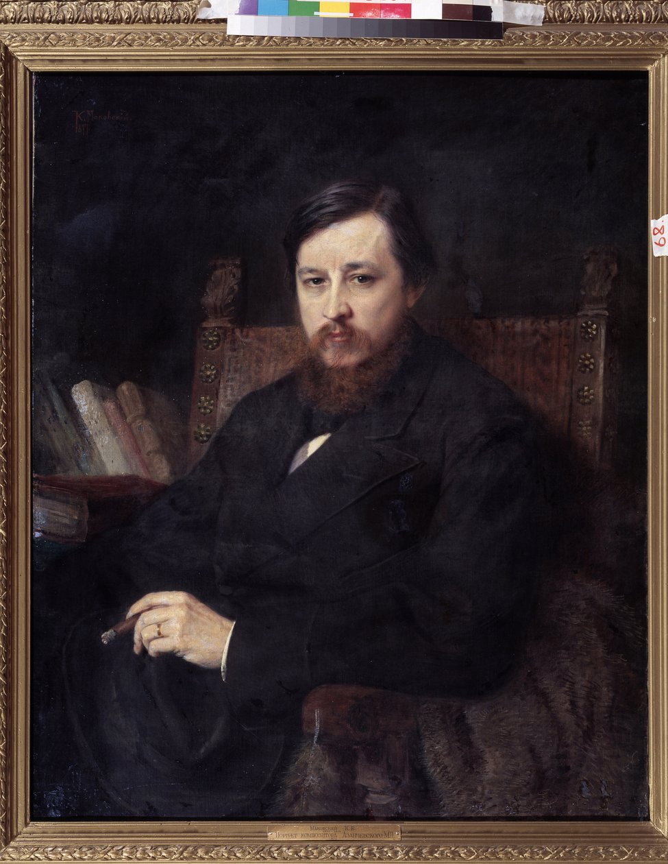 Portræt af komponisten Mikhail P. Azanchevsky (Azanchevsky) (1839-1881) (Portræt af komponisten M.P.Azanchevsky). Maleri af Konstantin Yegorovich Makovsky (Constantin Makovsky) (1839-1915), olie på lærred af Konstantin Egorovich Makovsky