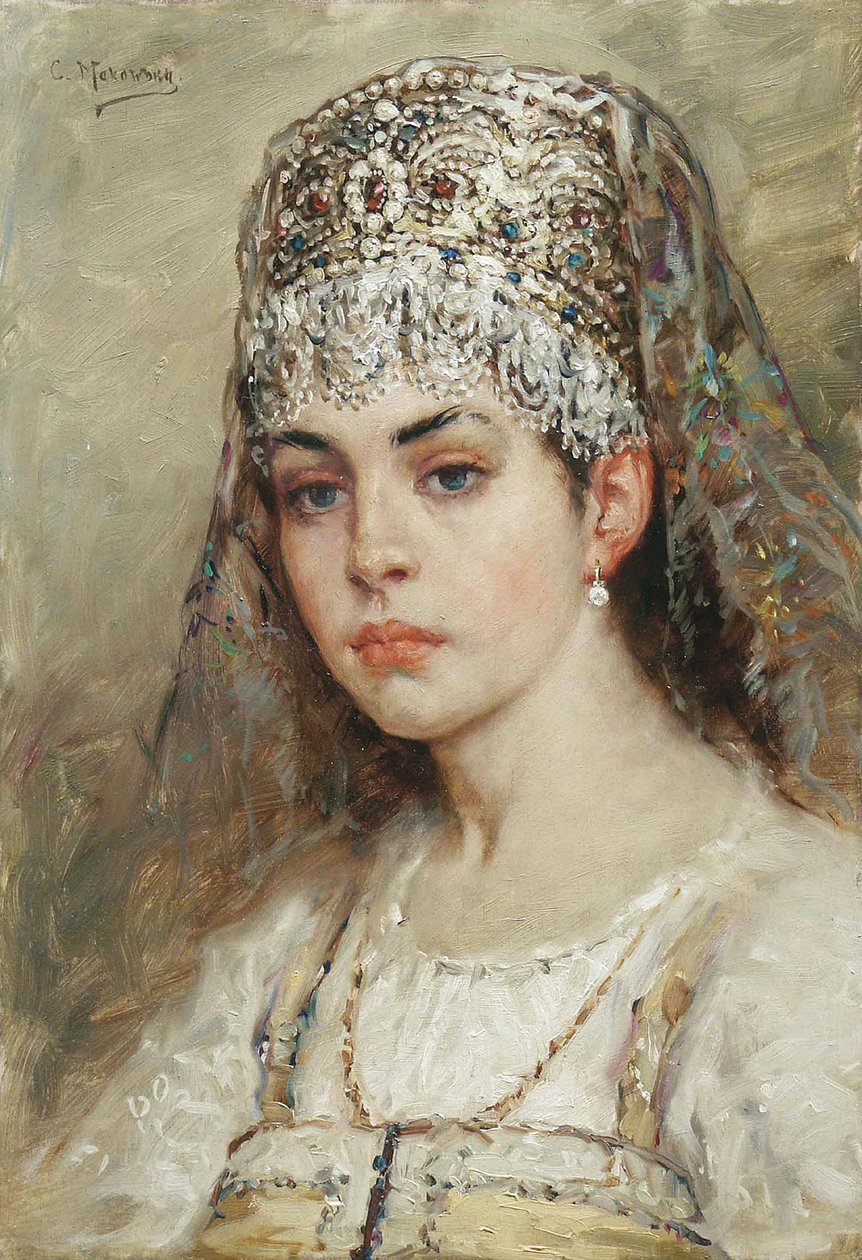Portræt af en boyar kvinde (boiard, boiar): hun er klædt i en sarafan kjole og har en kokoshnik på hovedet, en traditionel frisure - Maleri af Konstantin Yegorovich Makovsky (Constantin Makovski) (1839-1915) af Konstantin Egorovich Makovsky