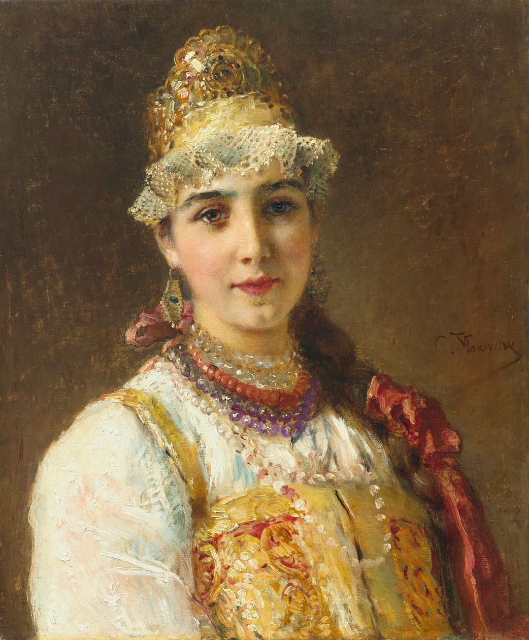 Portræt af en boyar kvinde (boiard, boiar): hun er klædt i en sarafan kjole og har en kokoshnik på hovedet, en traditionel frisure - Maleri af Konstantin Yegorovich Makovsky (Constantin Makovski) (1839-1915) af Konstantin Egorovich Makovsky