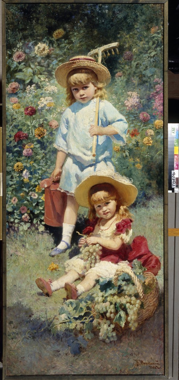 Portrætter af kunstnerens børn. (Portræt af kunstnerens børn). Repræsenteret i en blomsterhave om sommeren, bærer den ældste en rive og en vandkande, den yngste sidder i græsset ved siden af ​​en kurv fuld af klaser af druer. Maleri af Konst af Konstantin Egorovich Makovsky