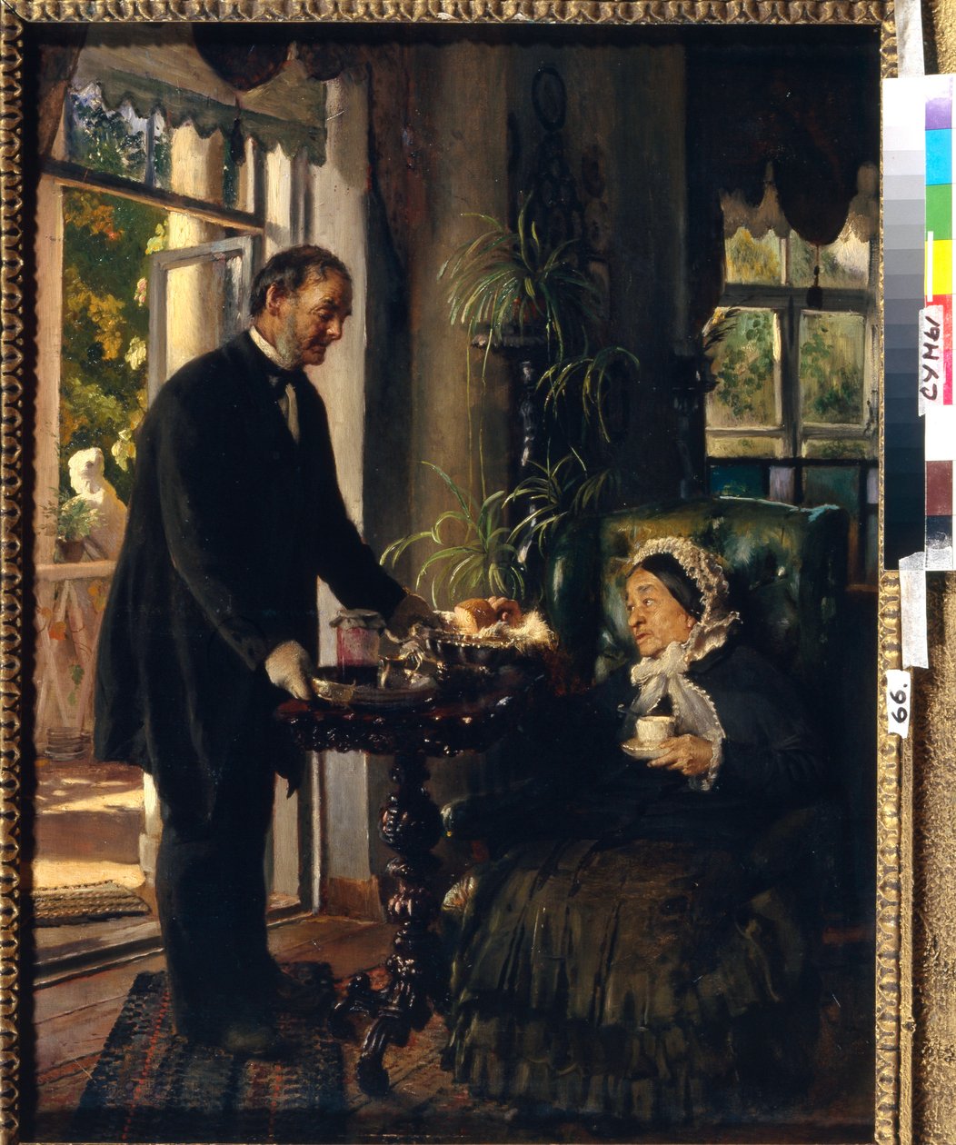 En palæ chatelaine. (En gammel dame tager te, serveret af en tjener, der forærer hende brød og marmelade). Maleri af Konstantin Yegorovich Makovsky (Constantin Makovsky) (1839-1915), olie på lærred af Konstantin Egorovich Makovsky