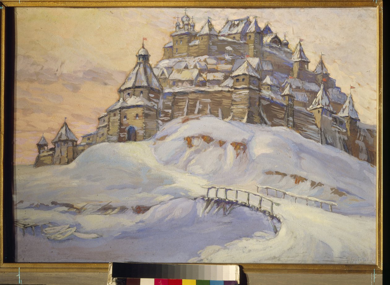 Gammel russisk fæstning. (Befæstet træby, under sneen i Ukraine i middelalderen). Værk af Konstantin (Constantin) Ivanovich Gorbatov (1876-1945), tempera på træ, begyndelsen af ​​det 20. århundrede. Privat samling. af Konstantin Ivanovich Gorbatov