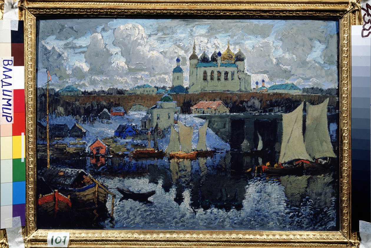 Broen A Novgorod (Rusland) (Novgorod, Pier). Maleri fra Konstantin (Constantin) Ivanovich Gorbatov (1876-1945), olie på lærred af Konstantin Ivanovich Gorbatov