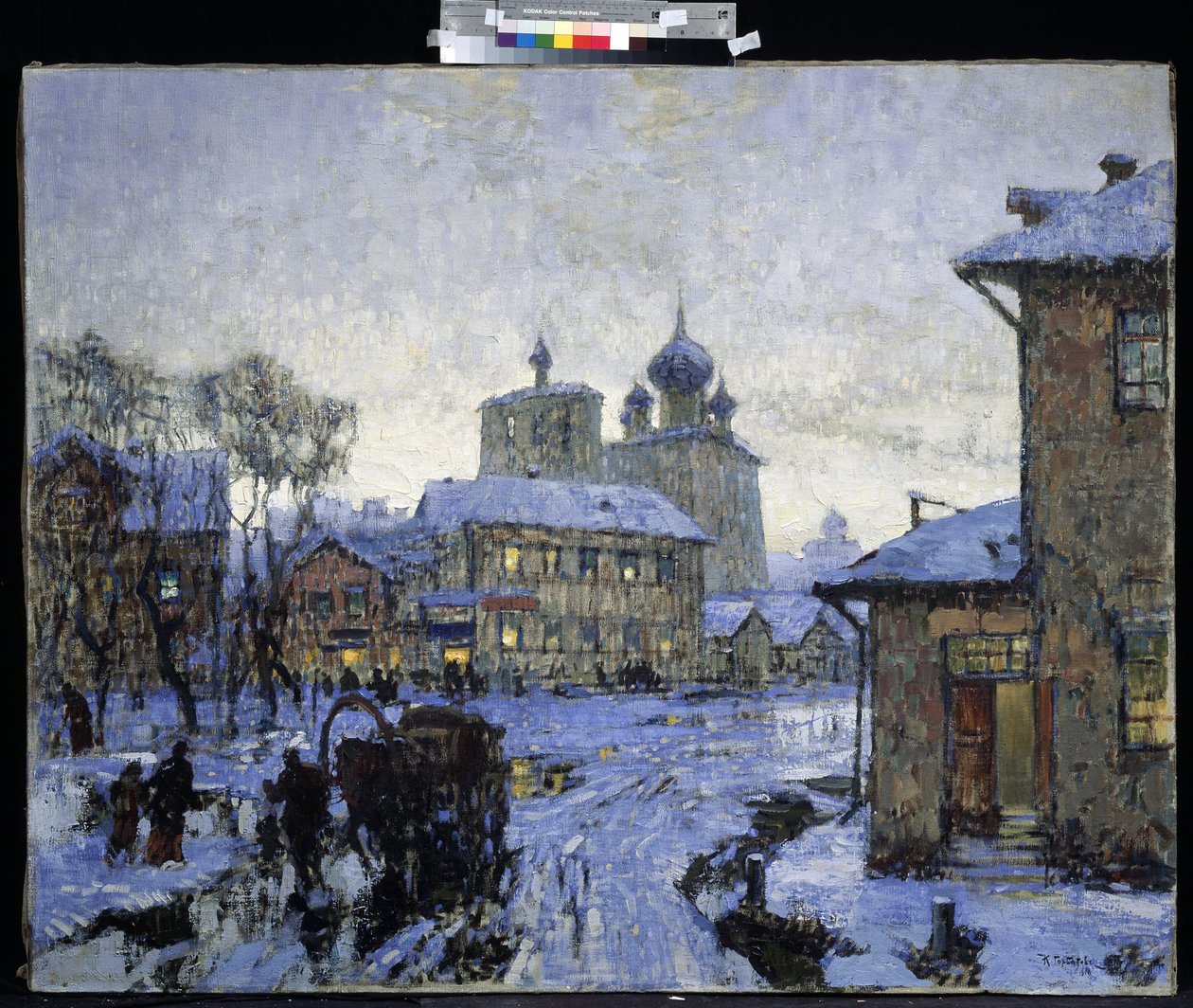 ""Tøet"" Russisk landsbylandskab i slutningen af ​​vinteren. Maleri af Konstantin (Constantin) Gorbatov (1876-1945) 1910 M. Kroshitsky kunstmuseum, Sevastopol af Konstantin Ivanovich Gorbatov