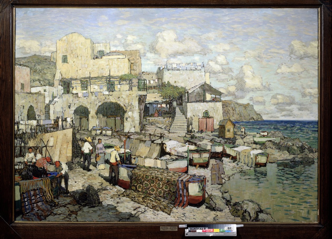 Udsigt over øen Capri (Italien). (Udsigt over Capri-øen). Maleri af Konstantin (Constantin) Ivanovich Gorbatov (1876-1945), olie på lærred. Det 20. århundrede russisk kunst, realisme. Regionale W. Wereshchagin kunstmuseum, Mykolaiv (eller Nikolaiev, Ukrain af Konstantin Ivanovich Gorbatov