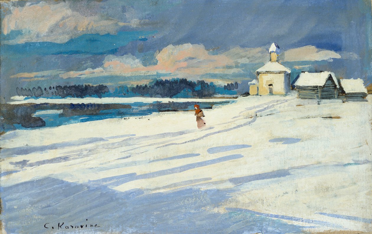 Vinterlandskab med en lille kirke, begyndelsen af det 20. århundrede af Konstantin Korovin