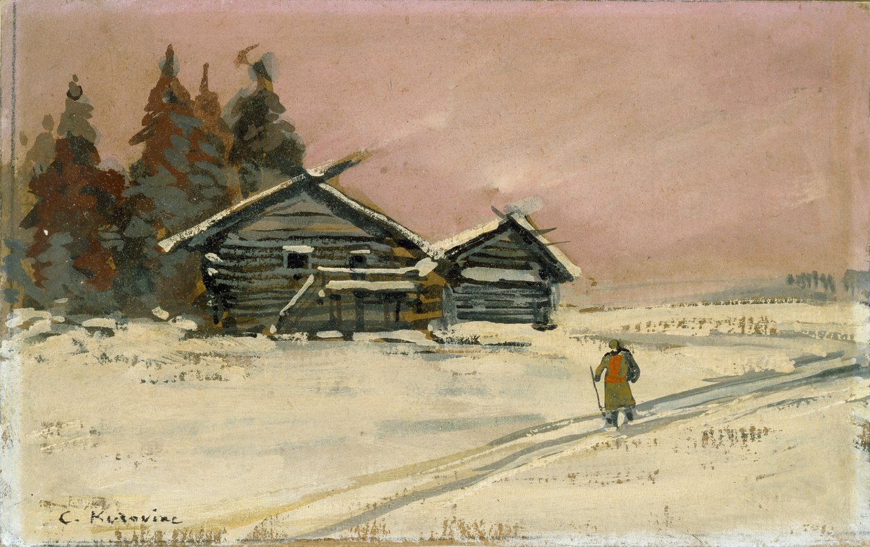 Vinterlandskab med to træhytter, begyndelsen af det 20. århundrede af Konstantin Korovin