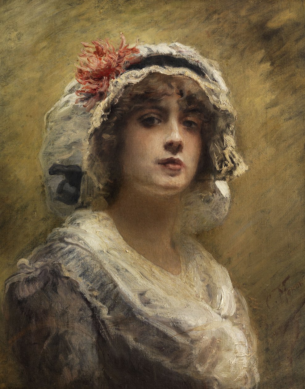 Konstantin Makovsky Portræt af en ung pige med en hvid stofhue af Konstantin Makovsky