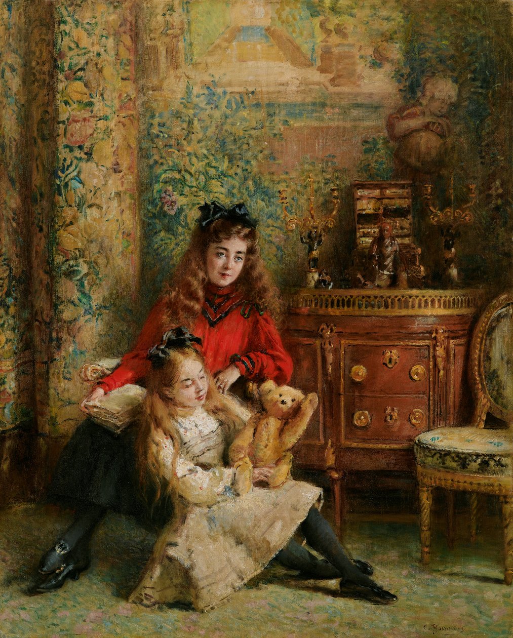 Portræt af kunstnerens døtre Olga og Marina med bamse af Konstantin Makovsky