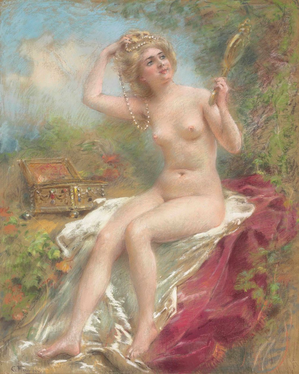 Siddende nøgen, der kigger i et spejl af Konstantin Makovsky