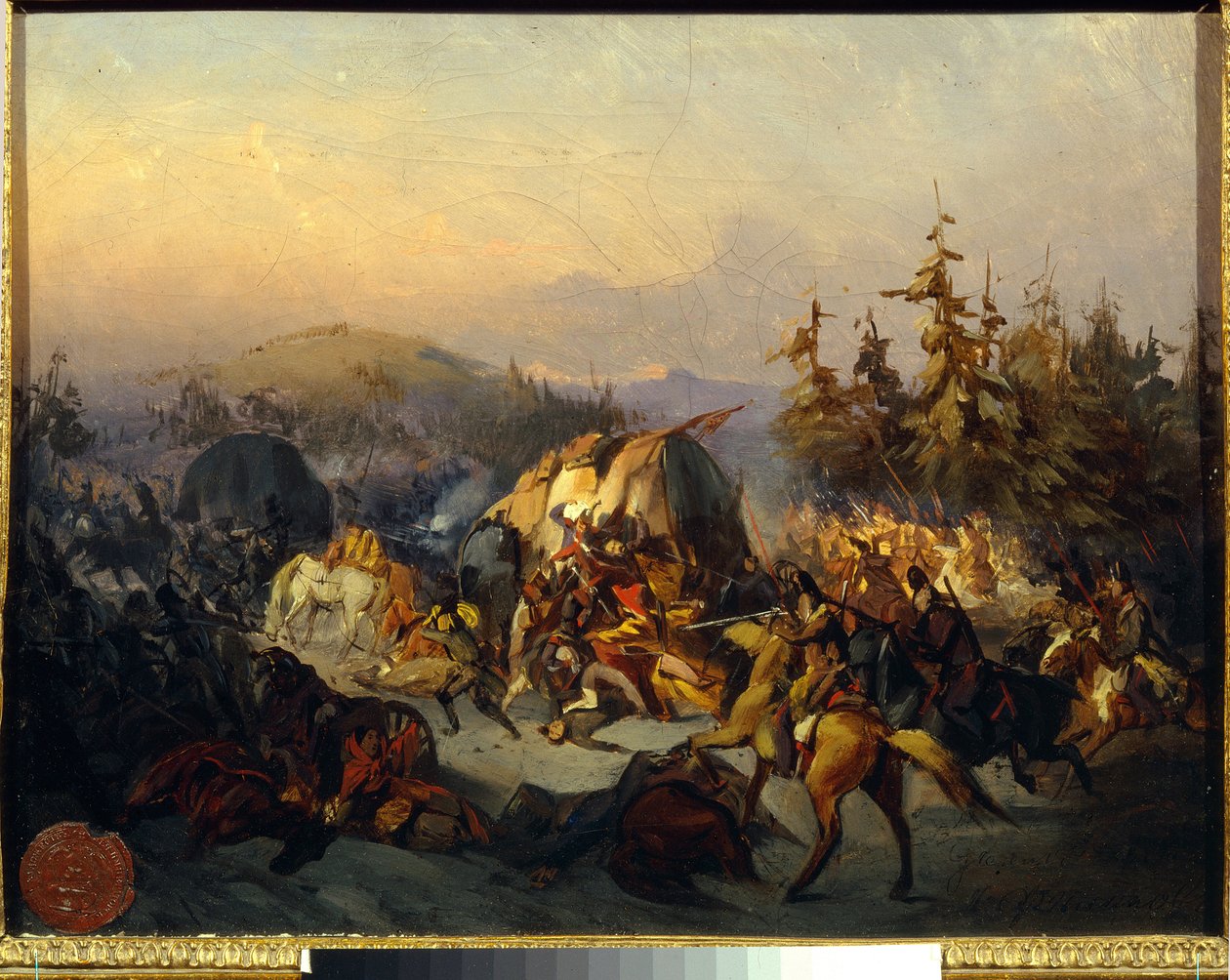 Russiske kosakker angriber franske tropper i transit, episode af slaget ved Moskva (Borodino) i 1812 - Maleri af Konstantin Nikolayevich Filippov (1830-1878), olie på lærred, 30x38 cm - Russiske kosakker angriber franske tropper i transit af Konstantin Nikolaevich Filippov