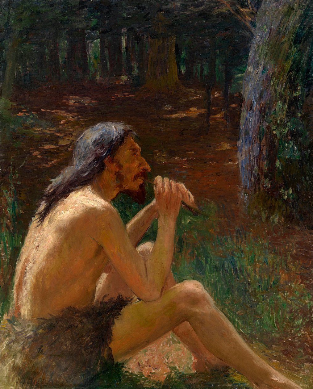 Caveman Playing the Flute - Maleri af Konstantin Pavlovich Kuznetsov (1863-1936), olie på lærred (95x77 cm), russisk kunst 19.-20. århundrede - Privat samling af Konstantin Pavlovich Kuznetsov