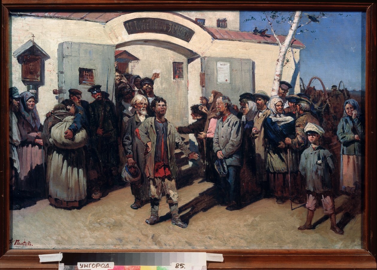 Tilbage til friheden. (Løsladelse af fangerne i et tugthus, deres øjne er rettet mod himlen og en bevæget skare venter på dem). Maleri af Konstantin Petrovich Pyneev (1868-1922), olie på lærred. russisk kunst af Konstantin Petrovich Pyneev