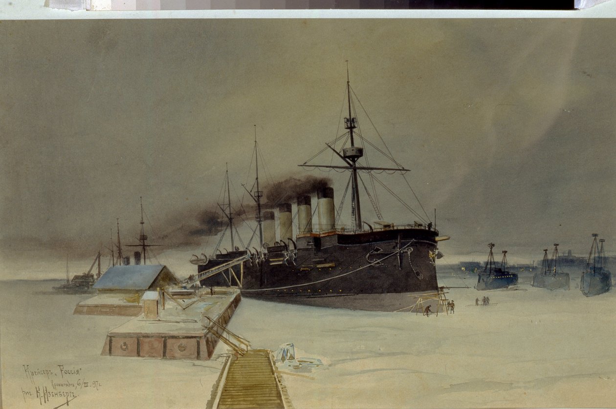 Panserkrydseren Rossia - Værk af Konstantin Vasilyevich Isenberg (1859-1911), akvarel på pap af Konstantin Vasilyevich Isenberg