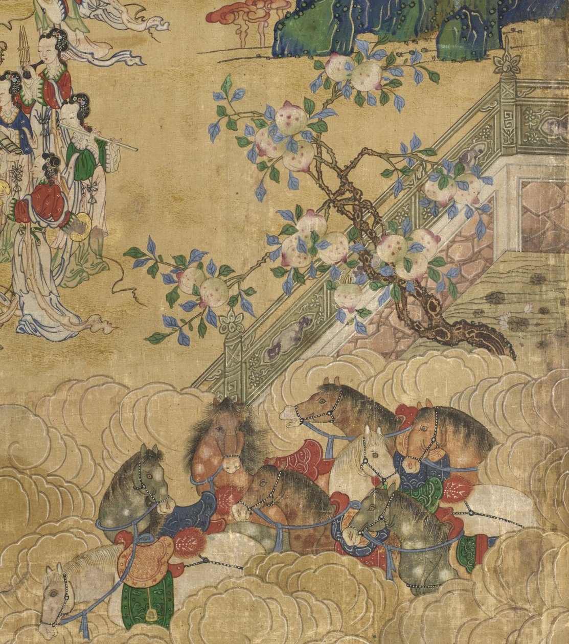 Detalje fra The Banket of Seowangmo, ca. 1800 (blæk, farve og guld på silke) af Korean School