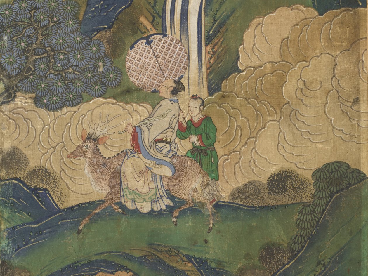 Gæst ankommer, detaljer fra The Banquet of Seowangmo, ca. 1800 (blæk, farve og guld på silke) af Korean School