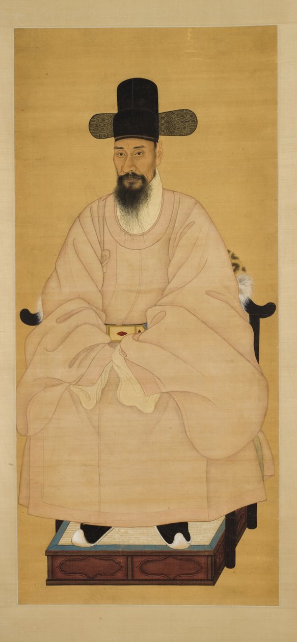 Portræt af en lærd embedsmand i en lyserød kappe, 1800-tallet (hængende rulle, blæk og farve på silke) af Korean School