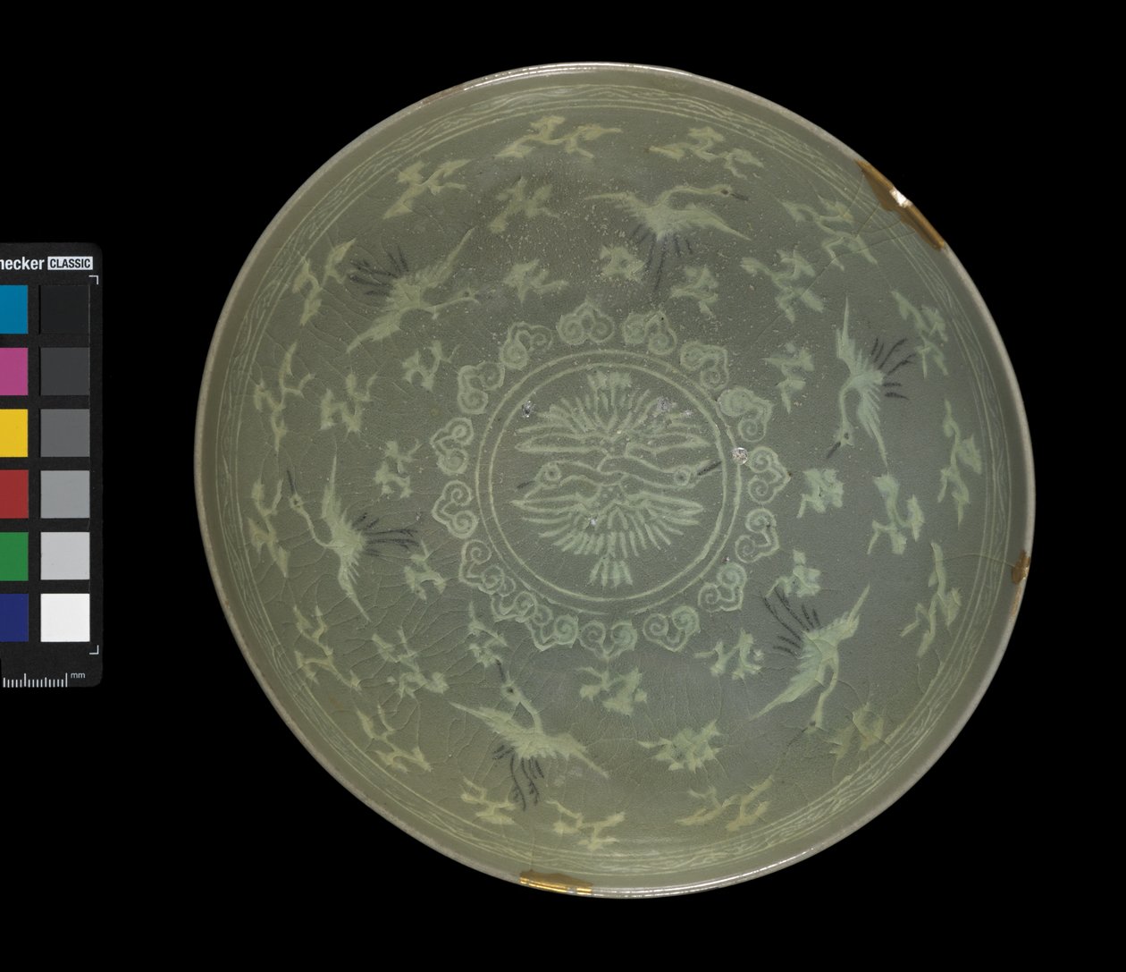 Skål med kraner og skyer, ca. 1150-1200 (celadon-glaseret stentøj) af Korean School