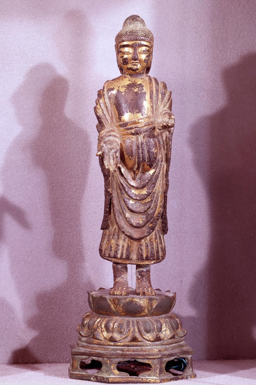 Coreen Art: Buddha-statuette i gylden bronze. Silla periode, 8. århundrede. Hyung pil Chun samling af Korean School