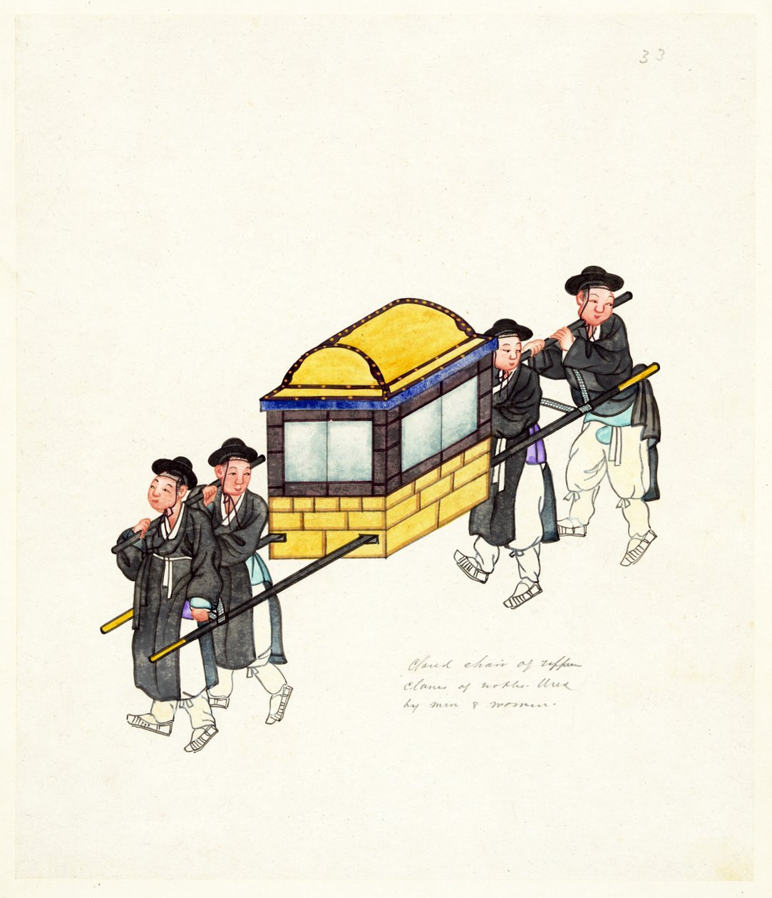 Eksempel på en lukket Palanquin, udgivet ca. 1890 (håndfarvet gravering) af Korean School
