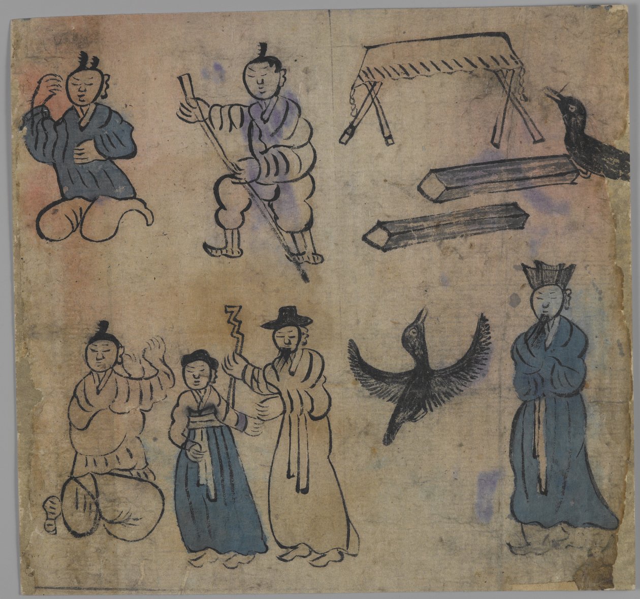 Genrescene, 1 ud af 4, 19. århundrede (blæk og vat på papir) af Korean School