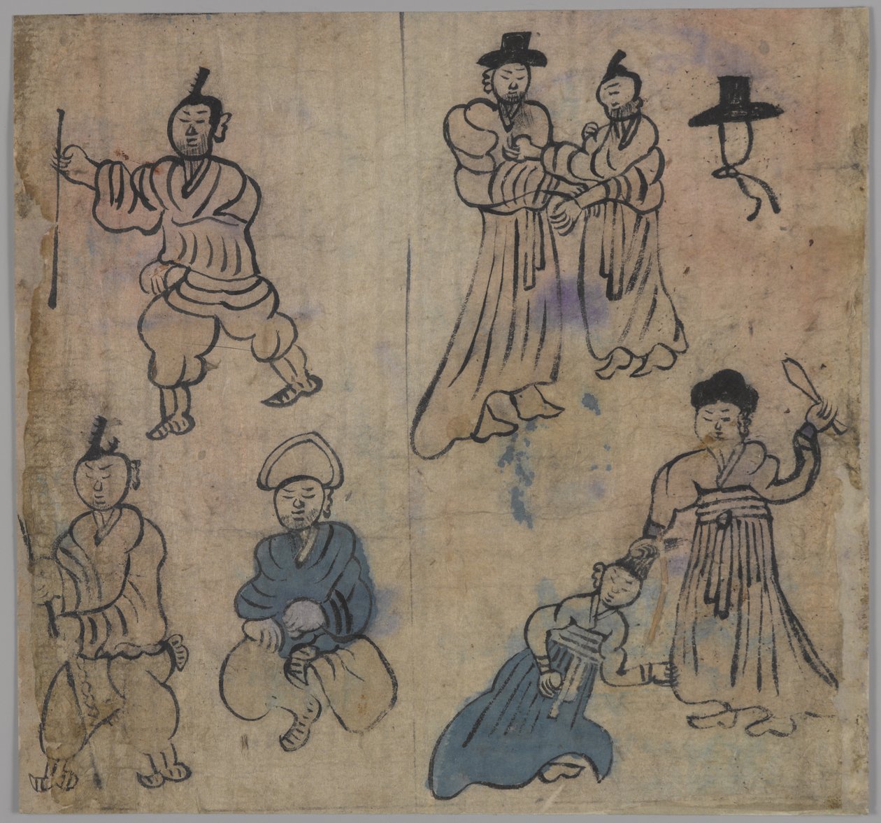 Genrescene, 1 ud af 4, 19. århundrede (blæk og vat på papir) af Korean School