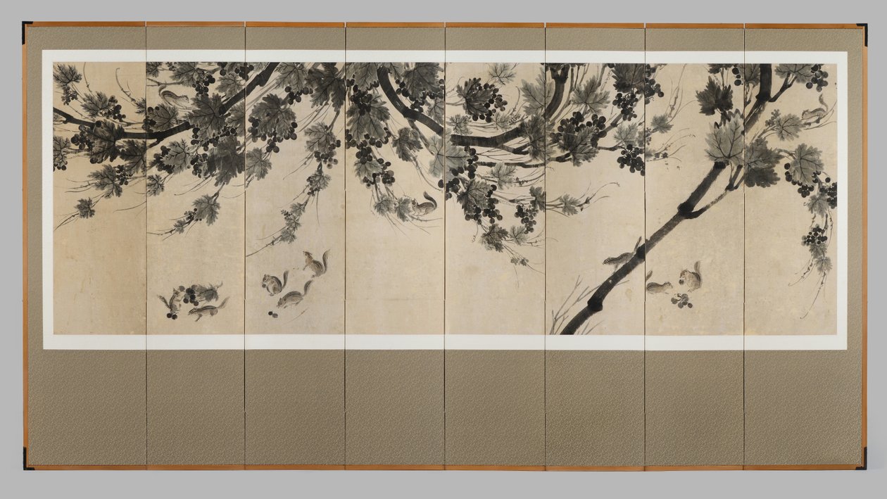 Grapevines and Chipmunks, ca. 1800 (Skærm med otte paneler: blæk på papir) af Korean School
