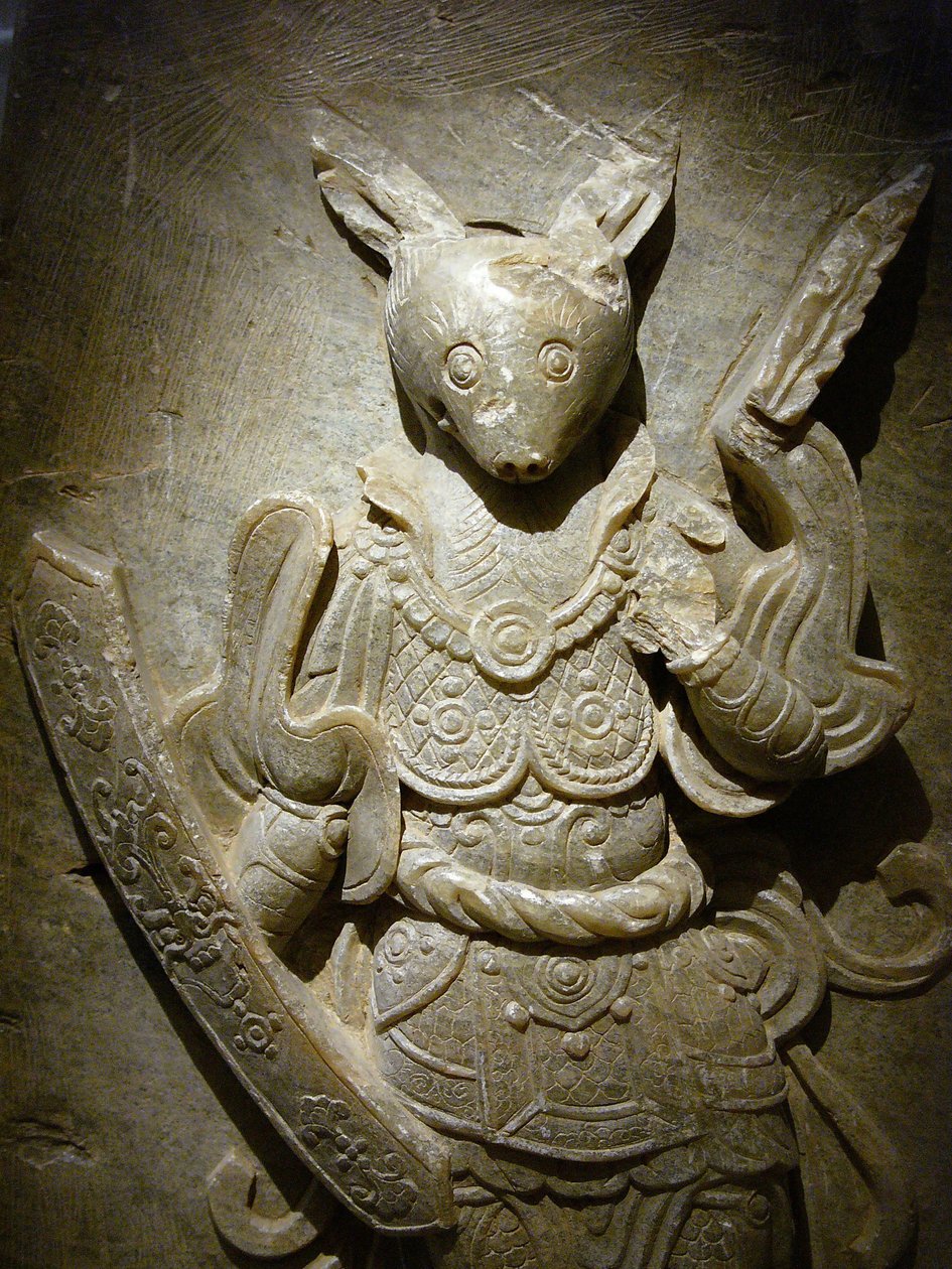 Grav ornament, stjernetegn kanin på agalmatolit, 8. århundrede under perioden for Nord- og Sydrigerne, Korea. Fotografi, Seoul National Museum, Republikken Korea af Korean School