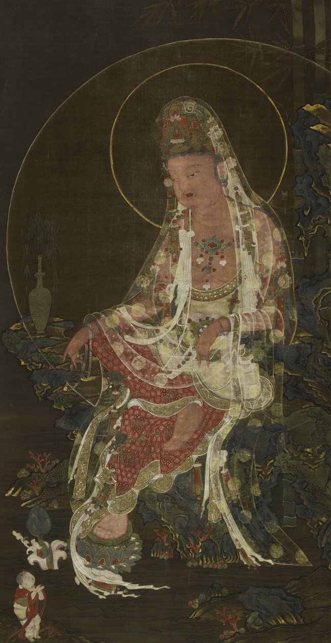 Hængende rulle, der forestiller en pilegren Bodhisattva Avalokiteshvara (Kwanseûm Posal) siddende i en paradishave, Koryô-dynasti (blæk, farve og guld på silke) af Korean School