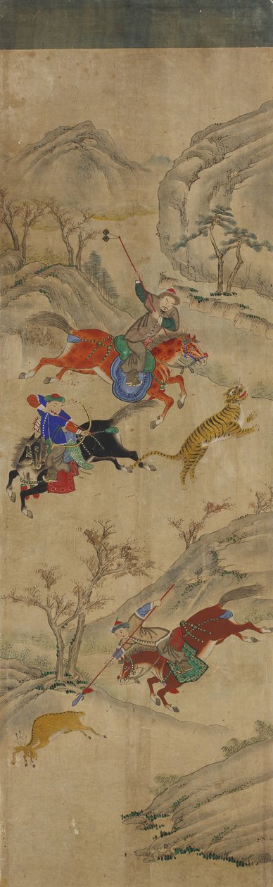 Jagtscene (3 ryttere, der jager hjorte og tiger) (wc på papir) af Korean School
