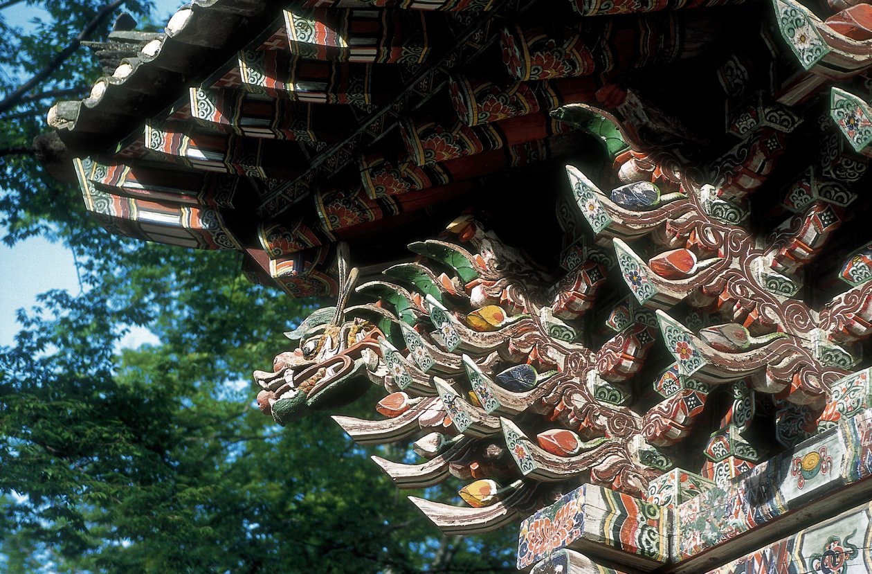 Sŏgwang-sa-templet, Kosan County, Kangwon-provinsen, Nordkorea, detalje af taget (foto) af Korean School