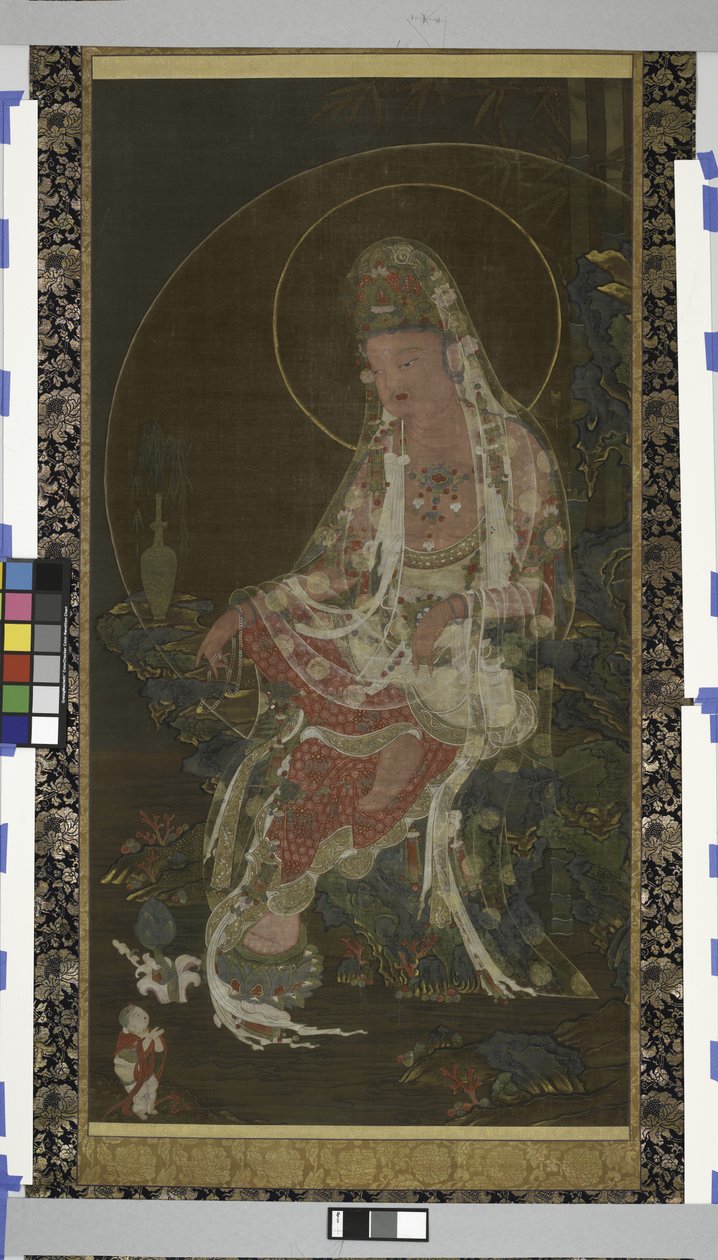 Bodhisattva Avalokiteshvara (Kwanseûm Posal) siddende i en paradishave, Koryo-dynastiet (blæk, farve og guld på silke) af Korean School
