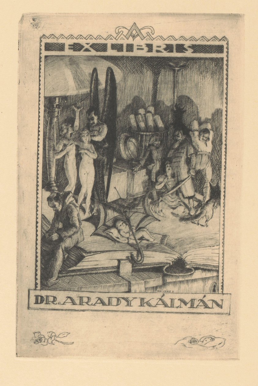 Kálmán Arady har et ex libris Ex libris dr. Kálmán Arady (titel på objekt) af Kornél Révész