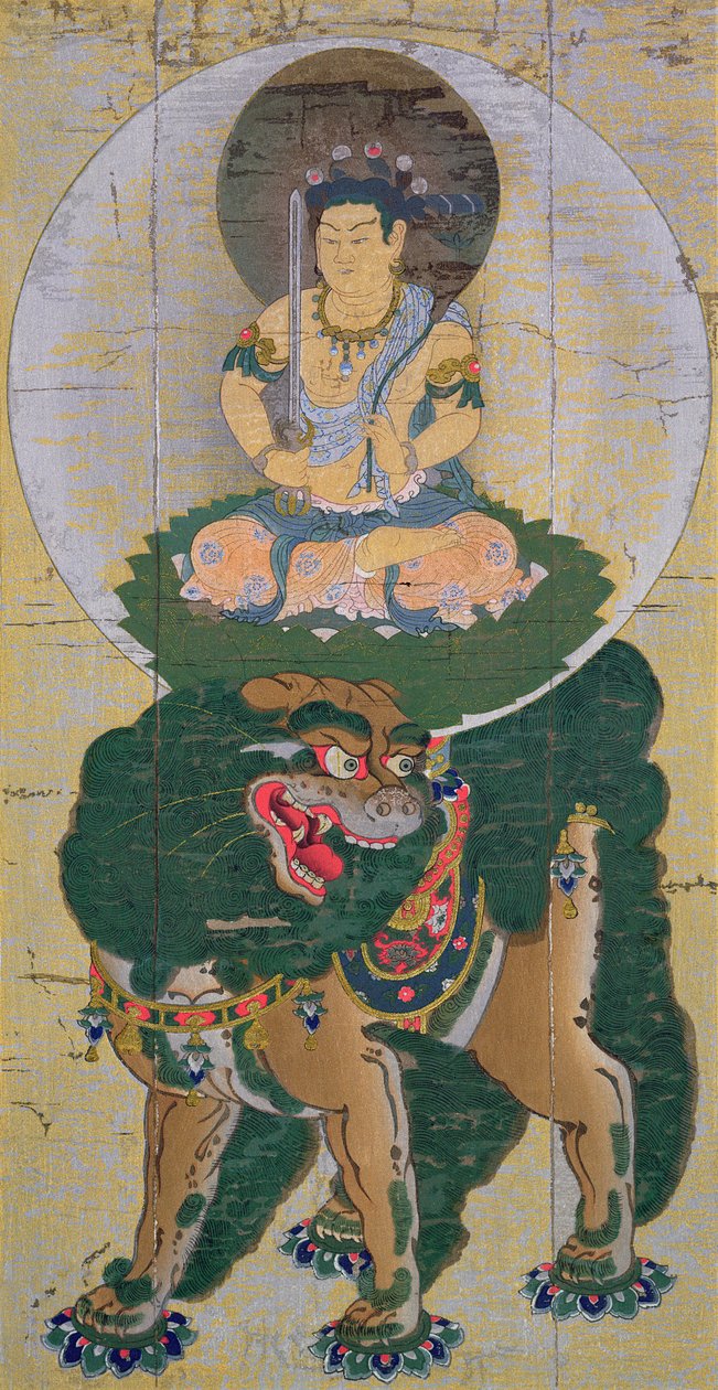 Bodhisattvaen Manjushri ridende på en løve, der ånder damp, illustration efter en kakemono fra det ellevte århundrede fra Kozan-Ji templet i Yamashiro, offentliggjort i Kokka-tidsskriftet, maj 1904 ( af Kose no Hirotaka
