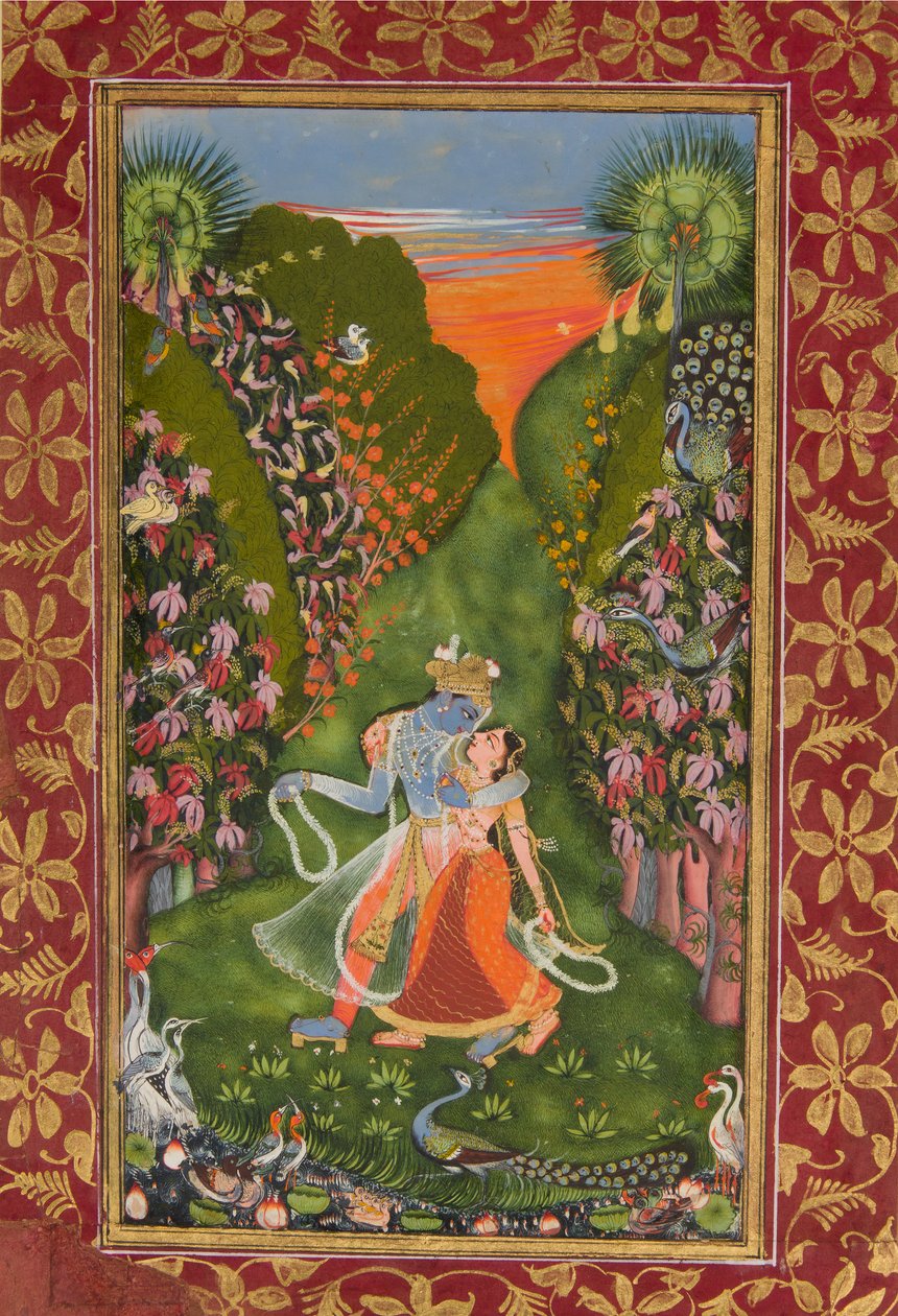 Radha og Krishna Walk in a Flower Grove recto, Krishna Fluting verso, c1720 r, c1750-75 v af Kota Master