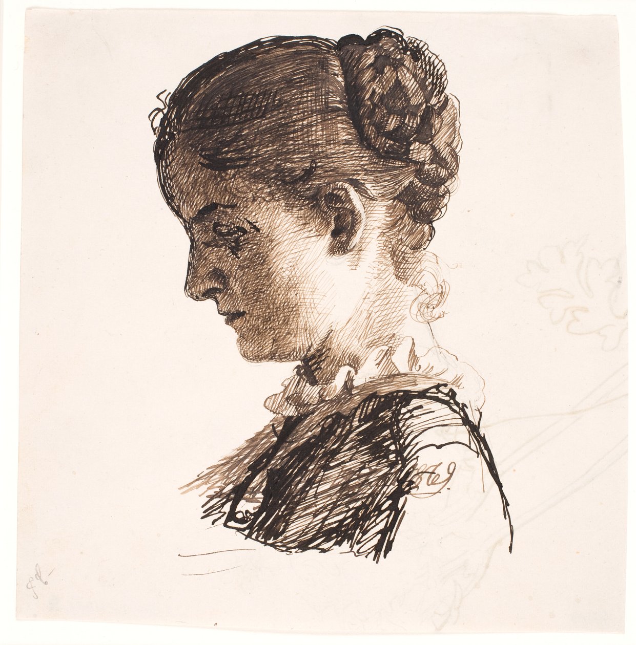 Kunstnerens søster Elisabeth. Profil t.v. Fletninger Frisure af Kristian Zahrtmann