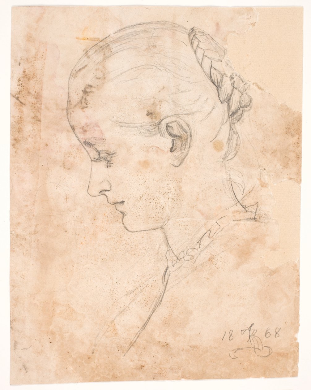 Kunstnerens søster Elizabeth. Profil t.v. Fletninger Frisure af Kristian Zahrtmann