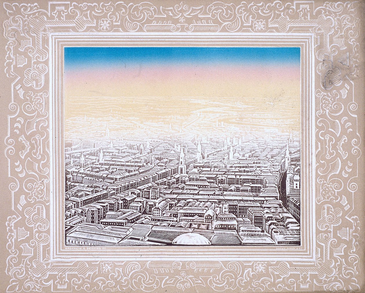 Luftfoto af London indrammet i en dekorativ kant, c1845 af Kronheim and Co