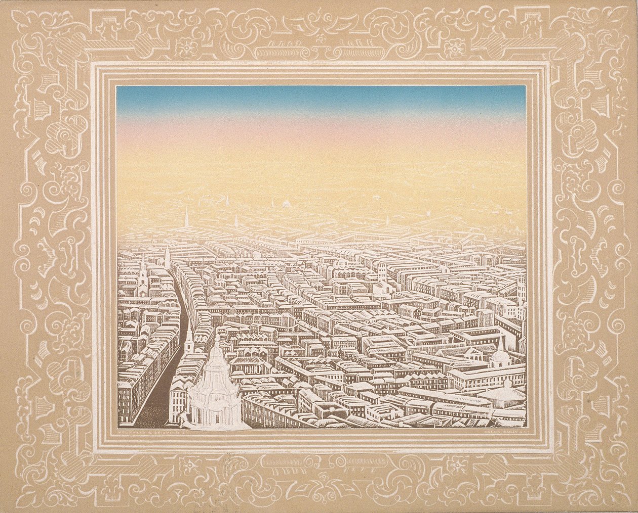 Luftfoto af London indrammet i en dekorativ kant, c1845 af Kronheim and Co
