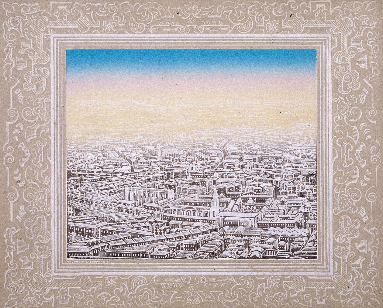 Luftfoto af London med dekorativ kant, c1845 af Kronheim and Co