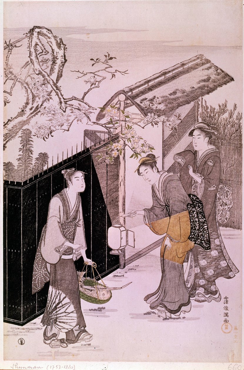 Tilbage fra poetisk aften i japansk forårstryk af Shunman Kubo (1757-1820). Paris, Guimet-museet, Nationalmuseet for asiatisk kunst af Kubo Shumman