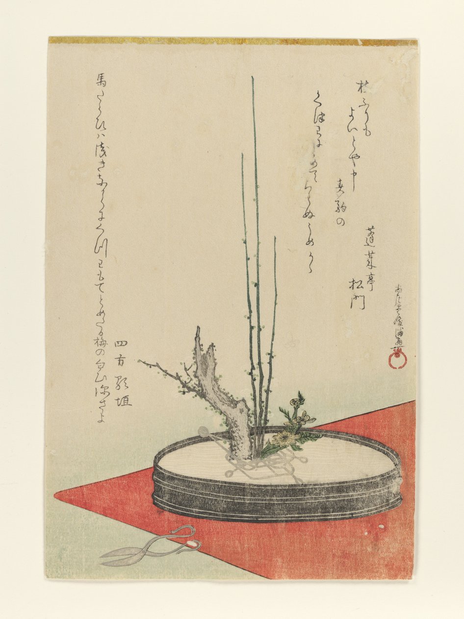 Arrangement af blomme, Fukujusō (adonis) og saks af Kubo Shunman