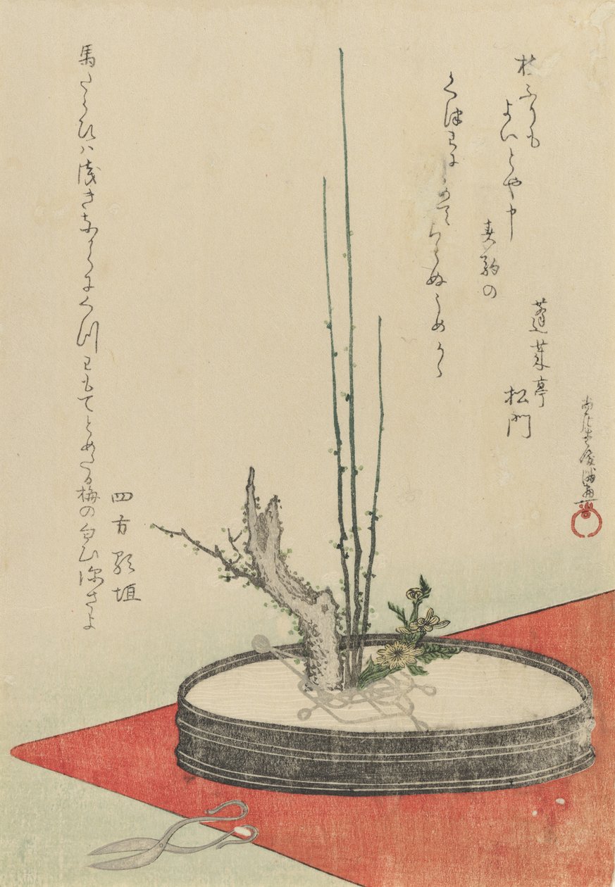 Arrangement af blomme, Fukujuso Adonis-blomst og sakse, 1798. af Kubo Shunman